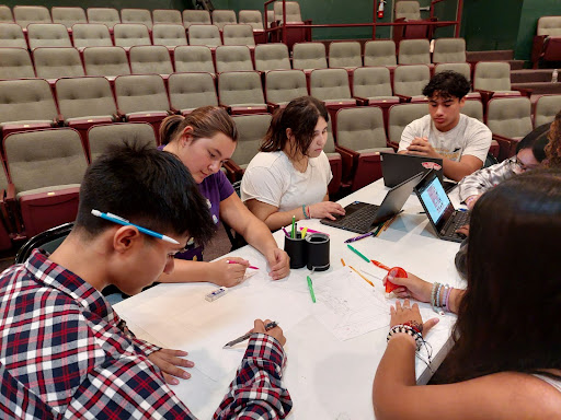 Thespians work on a project drawing out scenes based on the story Radium Girls. Thespians found inspiration to help them draw out the scene.