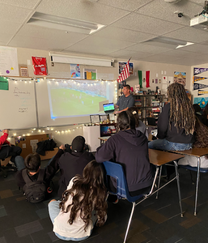 Students gather at lunchtime to watch the match between Argentina and Australia on December 3, 2022.