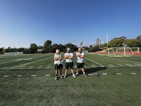 JV football players (from left to right, Tyler Arguinzoni, Thomas Meza-Morris, and Francisco Morales) finish up their practice at the South Hills High field in preparation for their game against Don Lugo. The Huskies won, 27-16. 

