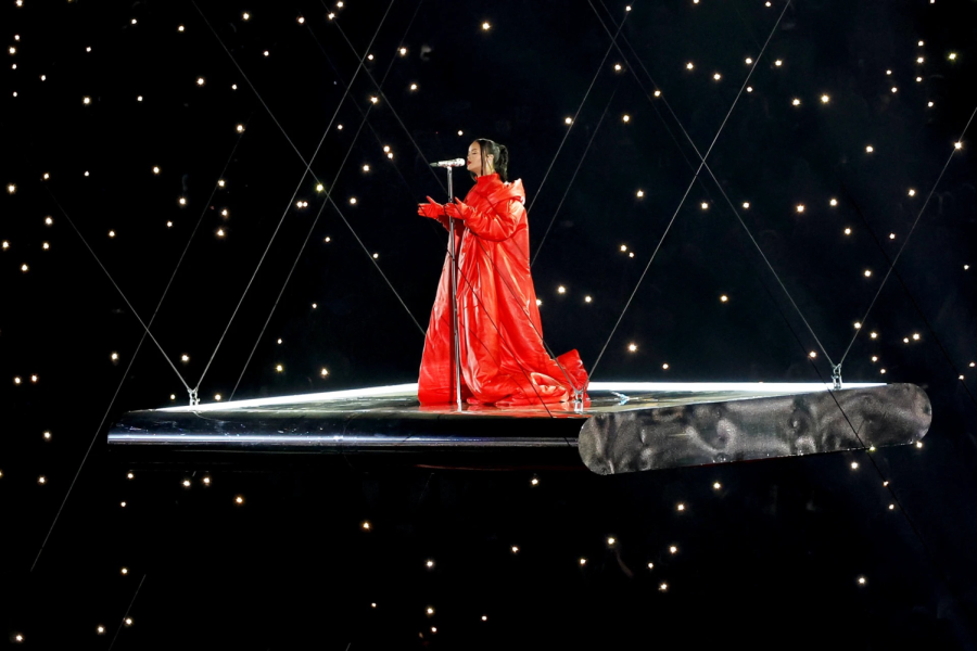 Rihanna, the chosen singer for Superbowl LVI hovers in the air as she ends her performance with Shine Bright Like a Diamond” in Glendale, Arizona. 