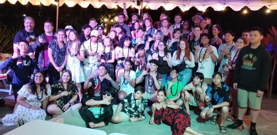 The South Hills High band students pose for a photo at a Luau in Hawaii. 