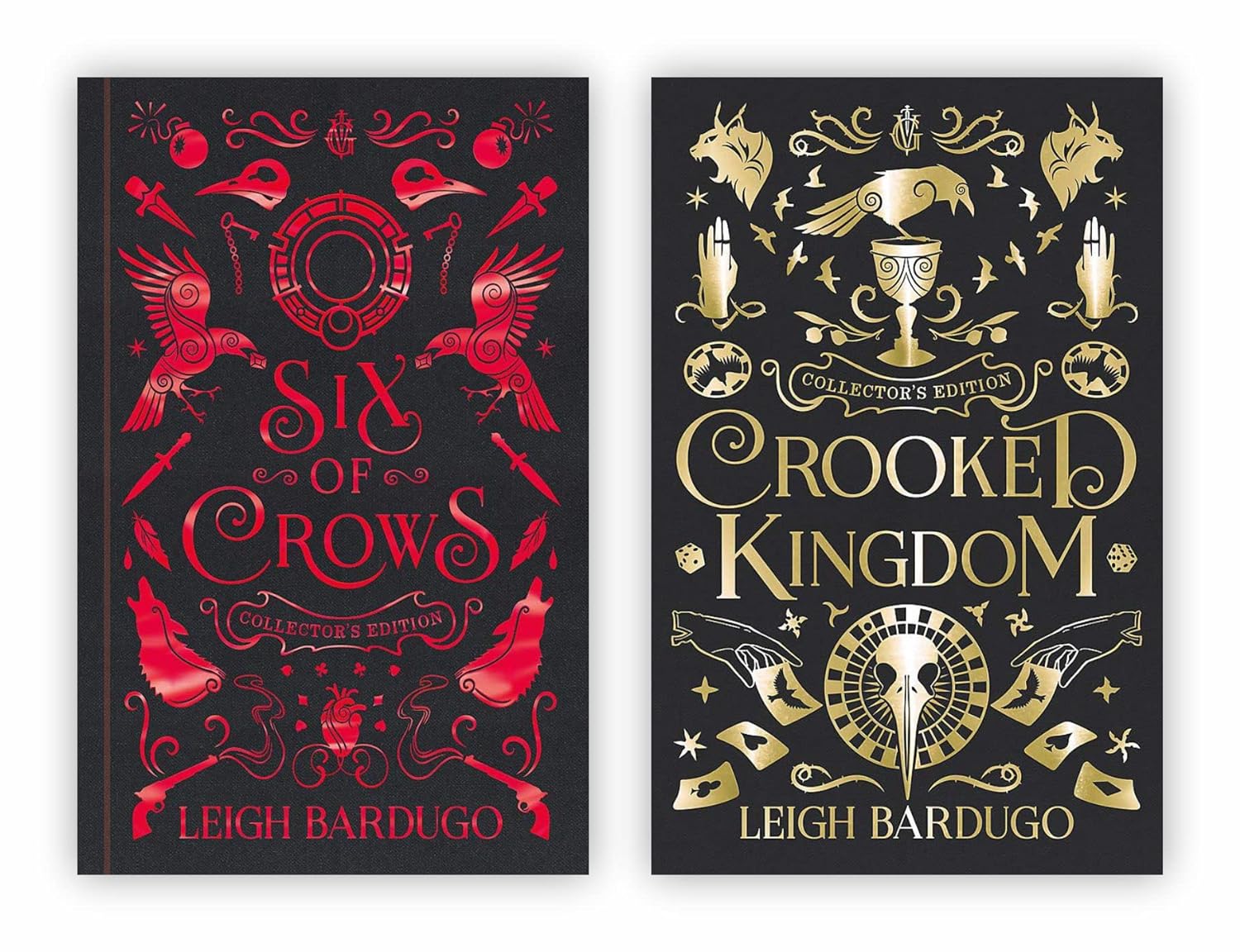 Six of Crows collectors editions with small details of events 
and symbols to represent characters from the books.
