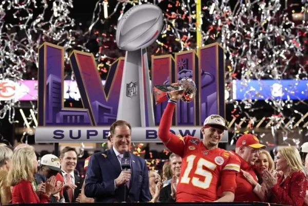 Kansas City Chiefs quarterback Patrick Mahomes celebrates after winning the Super Bowl LVIII.