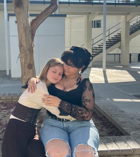 Tilly and Lilith (Willow Eichen (12) and Jules Booth (11)) embrace during rehearsal. 