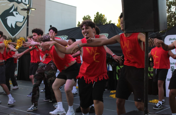 Alex Rasmussen (12) and his peers perform a dance to mock rival team West Covina during the Echo rally.