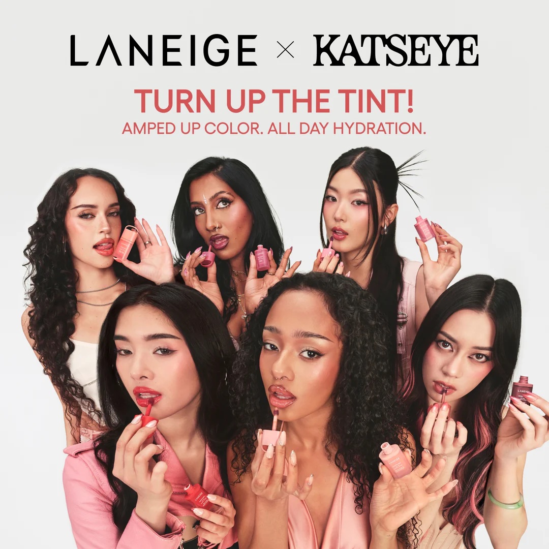 KATSEYE poses with their new collection of Laneige lip tints, becoming the first girl group to collaborate with the brand.
