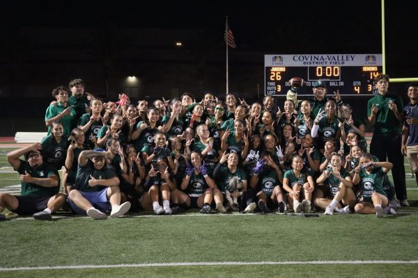The juniors celebrate their 26–14 powderpuff victory after an intense matchup against the seniors at Covina-Valley District Field on May 1.
